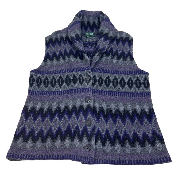 Lauren Ralph Lauren Women's XL 100% Lambswool Vest Aztec Nordic Purple Gray - Picture 2 of 8